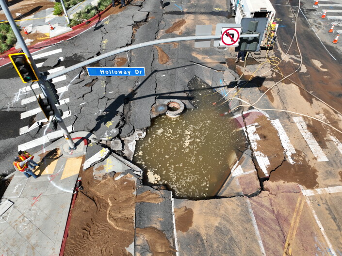 Source-feed image associated with WeHo water main break creates sinkhole and array of street closures. Here's what to know