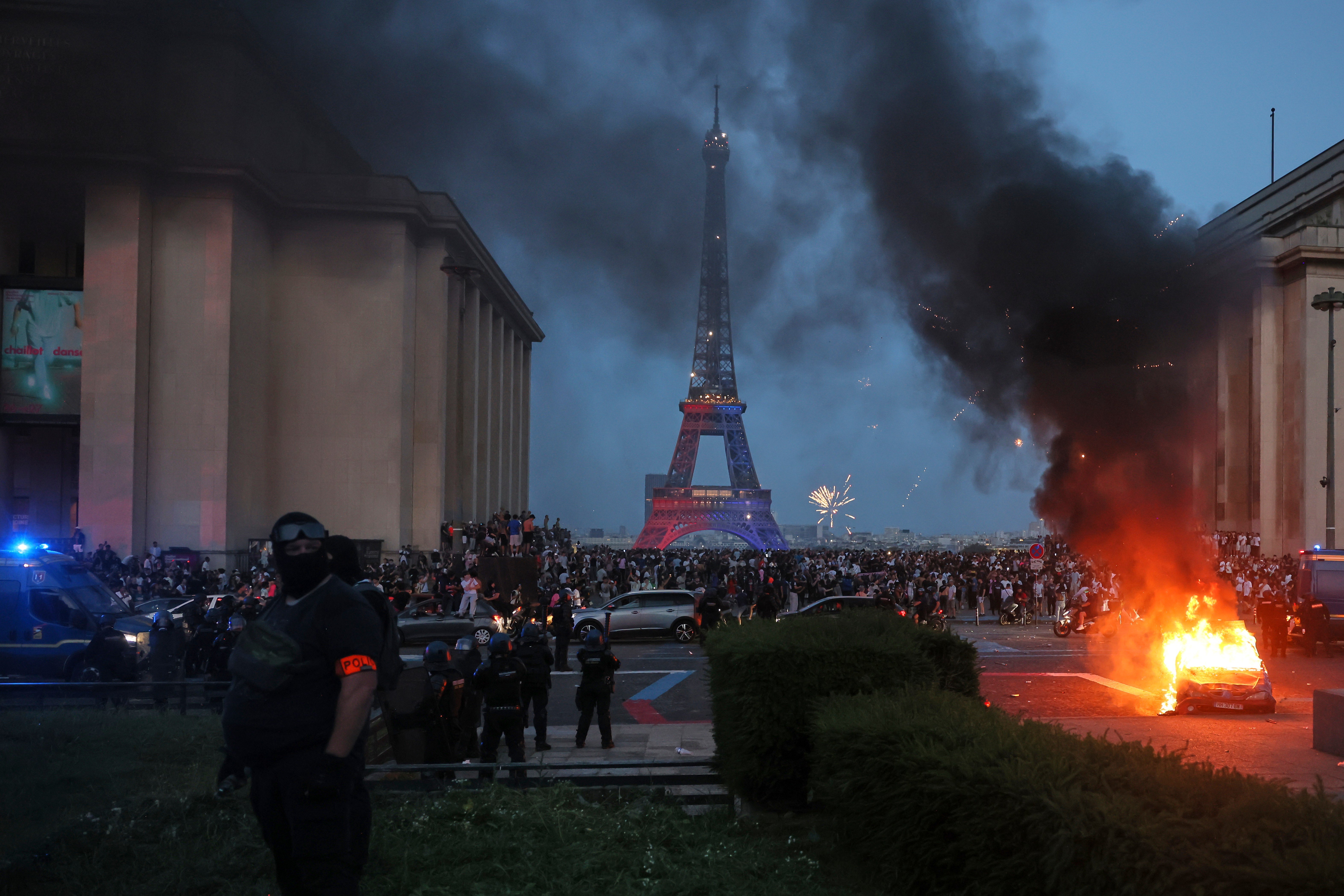 Source-feed image associated with French capital hosts Paris Saint-Germain parade after clashes marred Champions League win