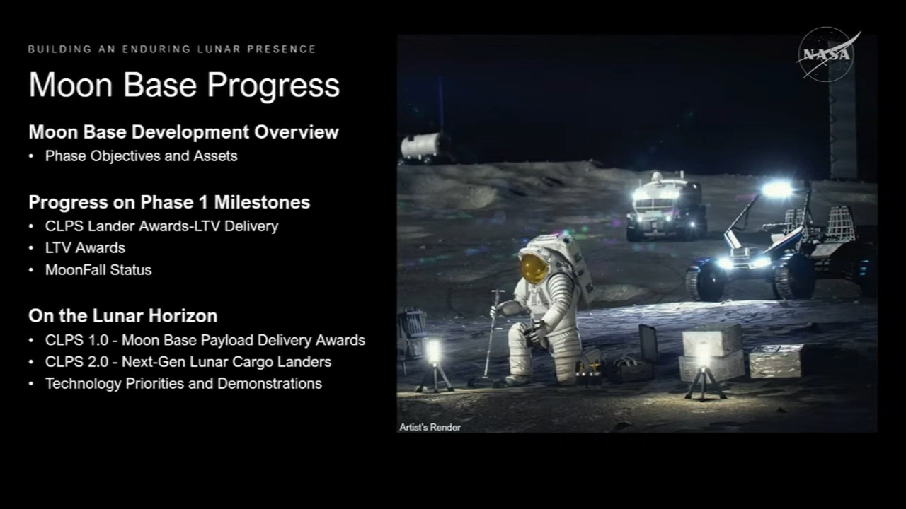 Source-feed image associated with NASA lays out moon base plans with landers, buggies and drones at the top of the list