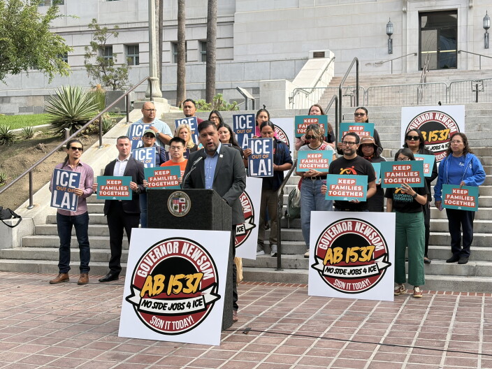 Image from linked report: LA advocates and lawmakers urge Newsom to sign bill barring police from moonlighting for ICE