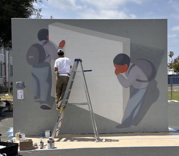 Source-feed image associated with A band of artists skips the gallery to paint murals at LA schools. Their glue: a 5th grade teacher