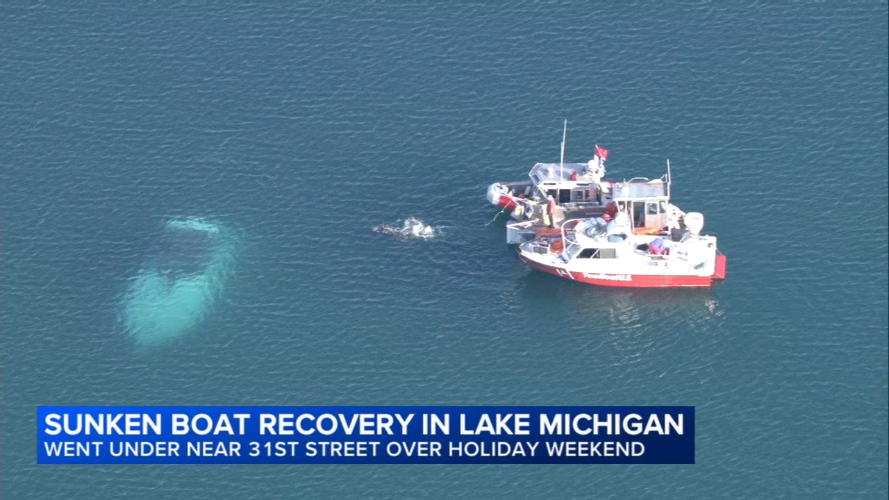 Source-feed image associated with Coast Guard crews raise sunken boat in Lake Michigan near Chicago beach