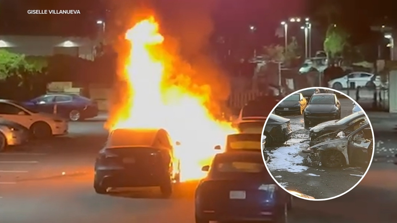 Source-feed image associated with Arson suspected after fire wrecks 4 cars at Corte Madera Tesla dealership