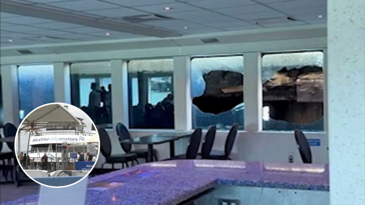 Source-feed image associated with Alcatraz City Cruises ferry slams into SF's Pier 31, shattering passenger windows