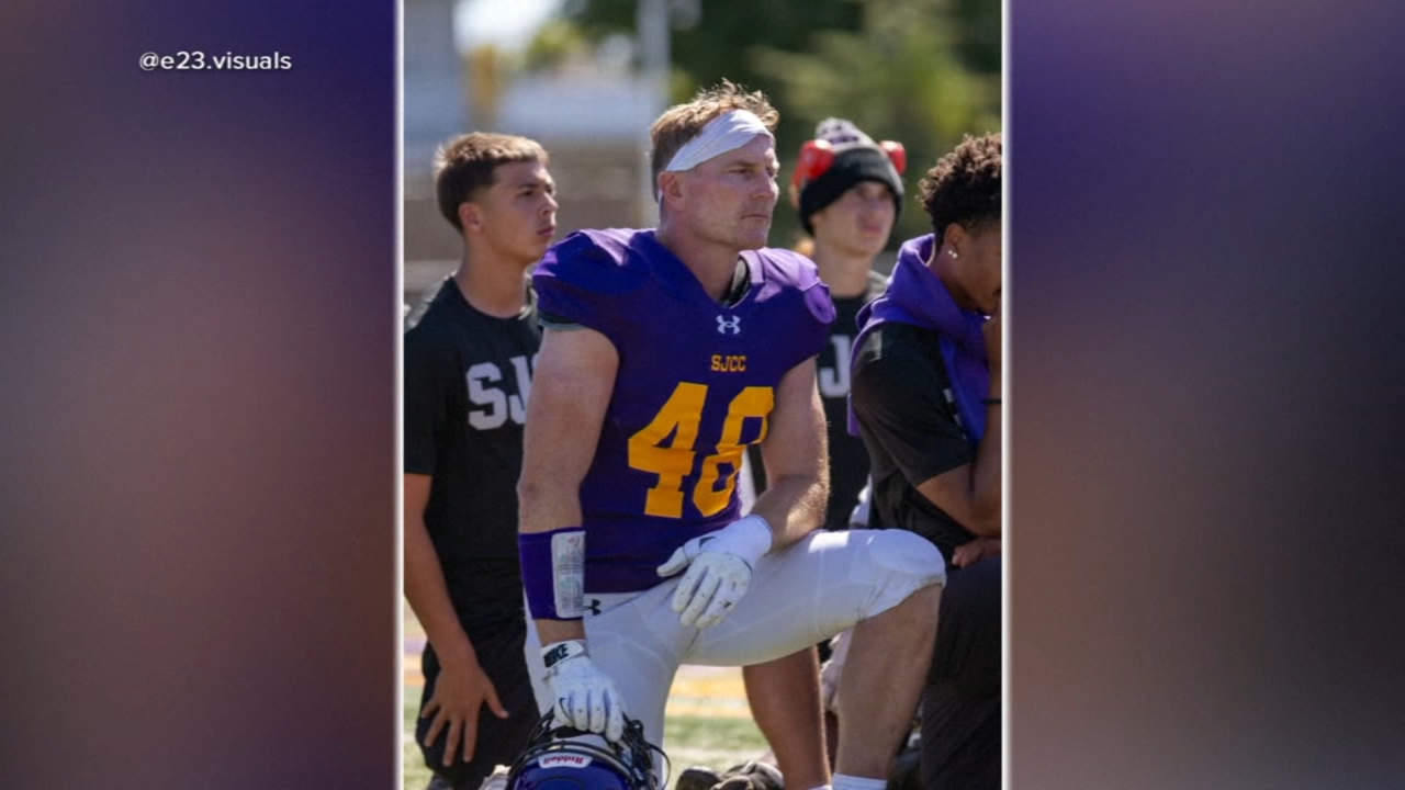 Source-feed image associated with Justin Buzzard, California father of 3, freshman defensive end for San Jose City College Jaguars