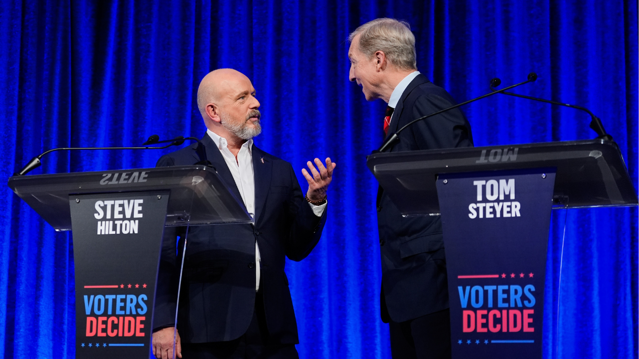 Source-feed image associated with New poll shows Steyer edging Hilton in CA governor's race as battle for 2nd tightens