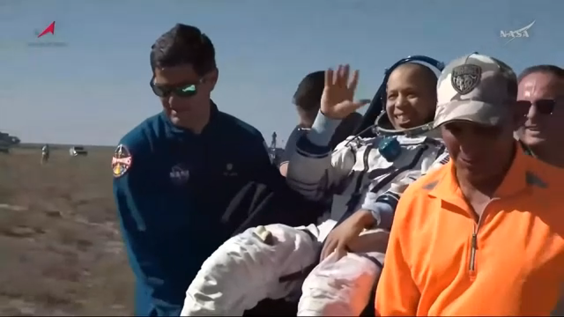 Source-feed image associated with NASA astronaut returns to Earth with 2 cosmonauts after 8-month stay on ISS