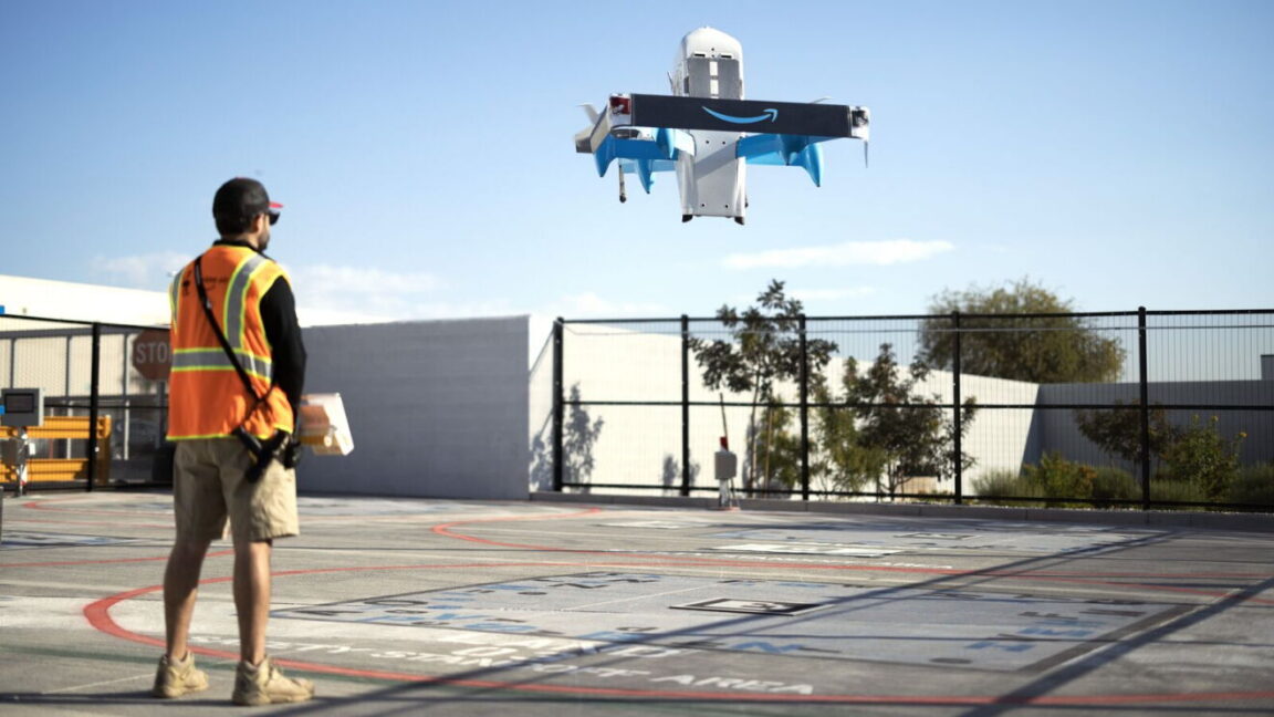 Source-feed image associated with Amazon aims for delivery drones to reach 500 US neighborhoods by end of 2026