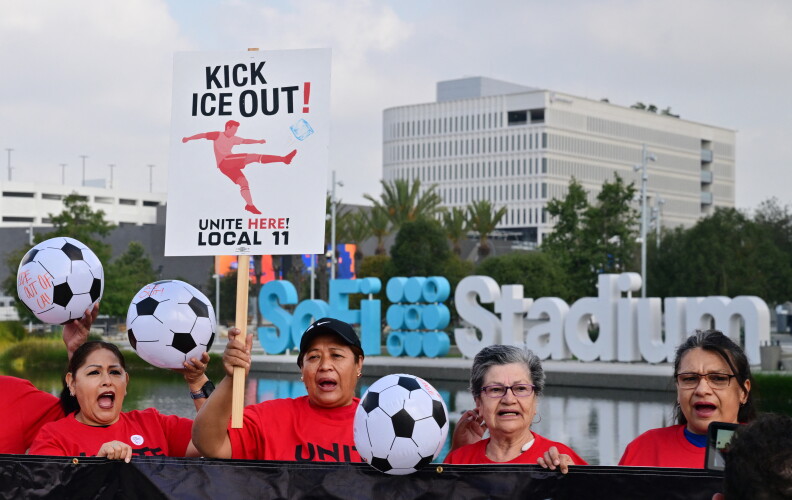 Source-feed image associated with SoFi Stadium workers are voting on whether to authorize a strike during World Cup