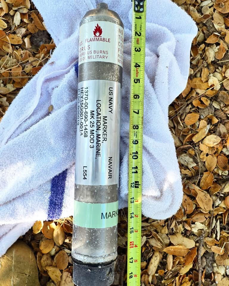 Image from linked report: 'Bomb-like' marine marker among unusual items that El Niño has washed onto California's shores