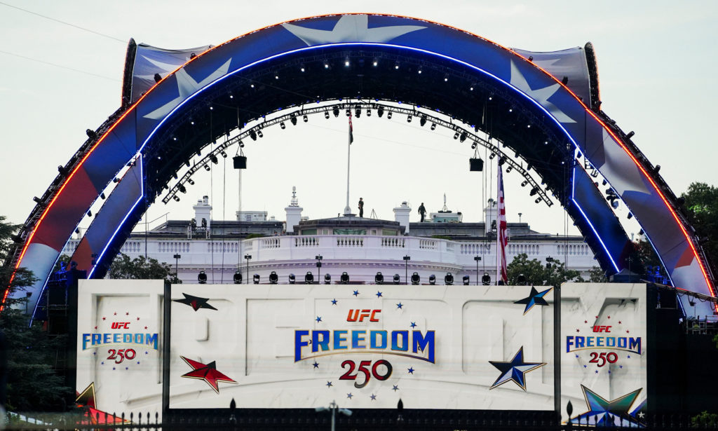 Source-feed image associated with Trump celebrates 80th birthday with Iran deal ahead of UFC fights on White House South Lawn