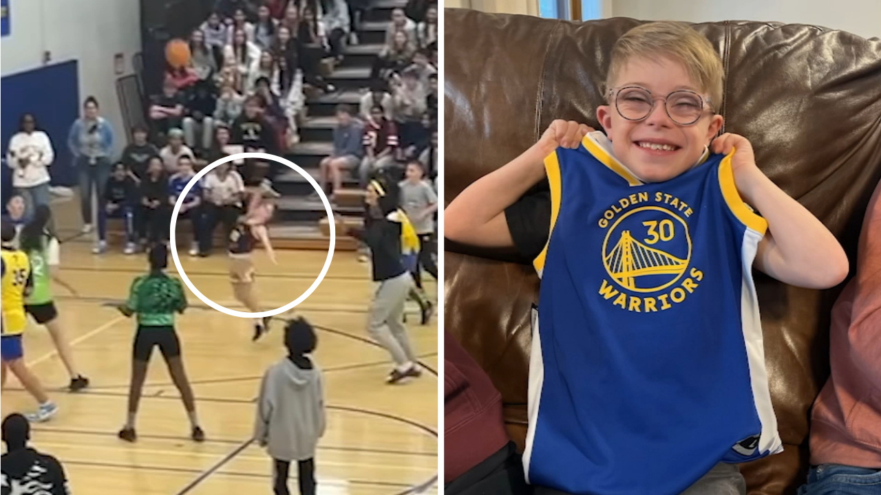 Source-feed image associated with Warriors' Stephen Curry surprises young fan with game invite for next season after viral shot