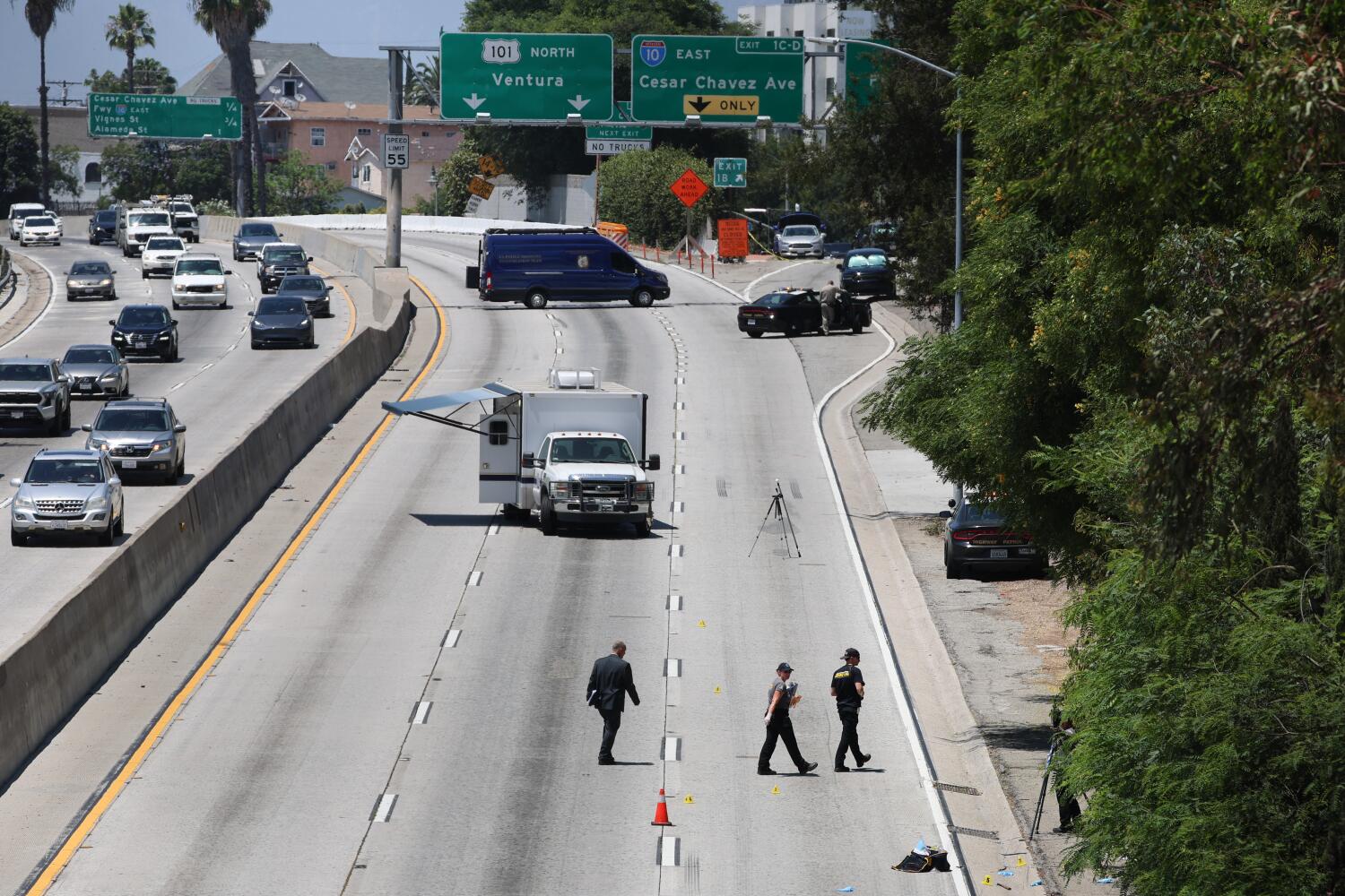 Source-feed image associated with Northbound 101 Freeway near downtown L.A. reopened following fatal shooting
