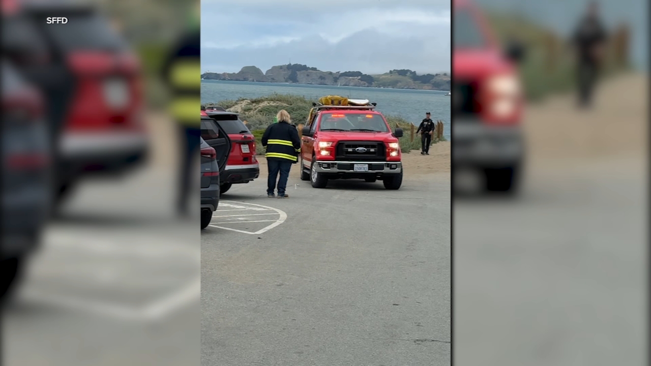 Source-feed image associated with Man in critical condition after being swept offshore by sneaker waves at Baker Beach, SFFD says