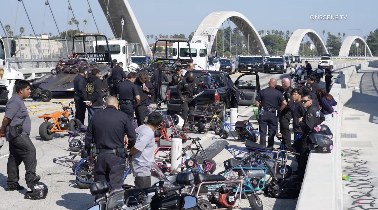 Source-feed image associated with Scores of minibike riders penned in and arrested on 6th Street Bridge. They lost their bikes too