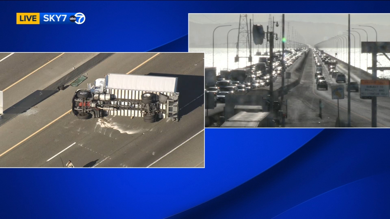 Image from linked report: Overturned box truck on eastbound Hwy 92 in Hayward causes major traffic delays