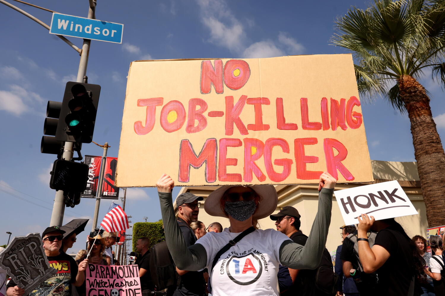 Image from linked report: Protesters at Paramount's gates say Bonta 'caved' on Warner Bros. merger deal
