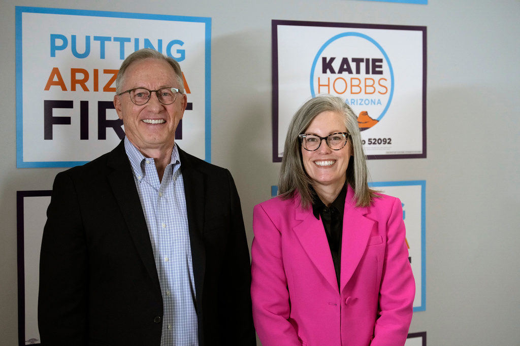 Source-feed image associated with Democratic Arizona Gov. Katie Hobbs chooses former GOP Mayor John Giles as running mate