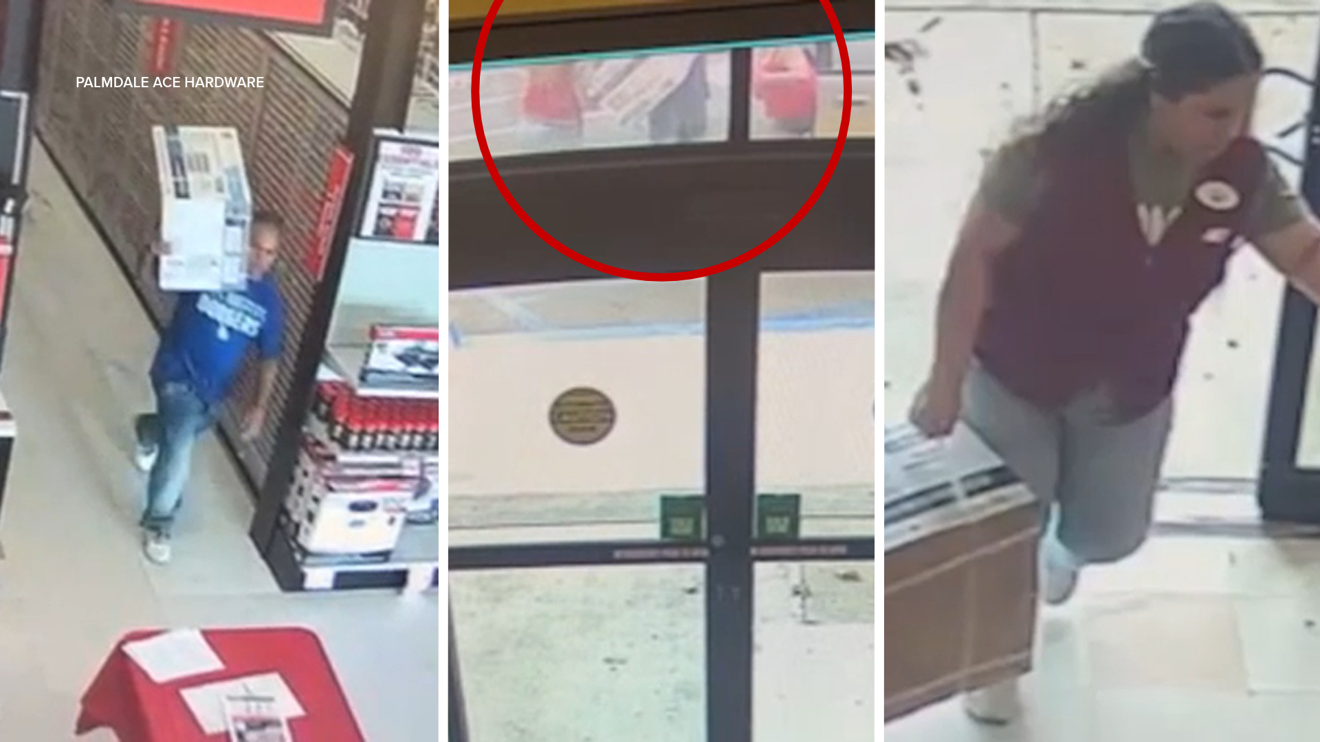 Source-feed image associated with Video shows pregnant clerk wrestling AC unit away from suspected shoplifter in Palmdale, California