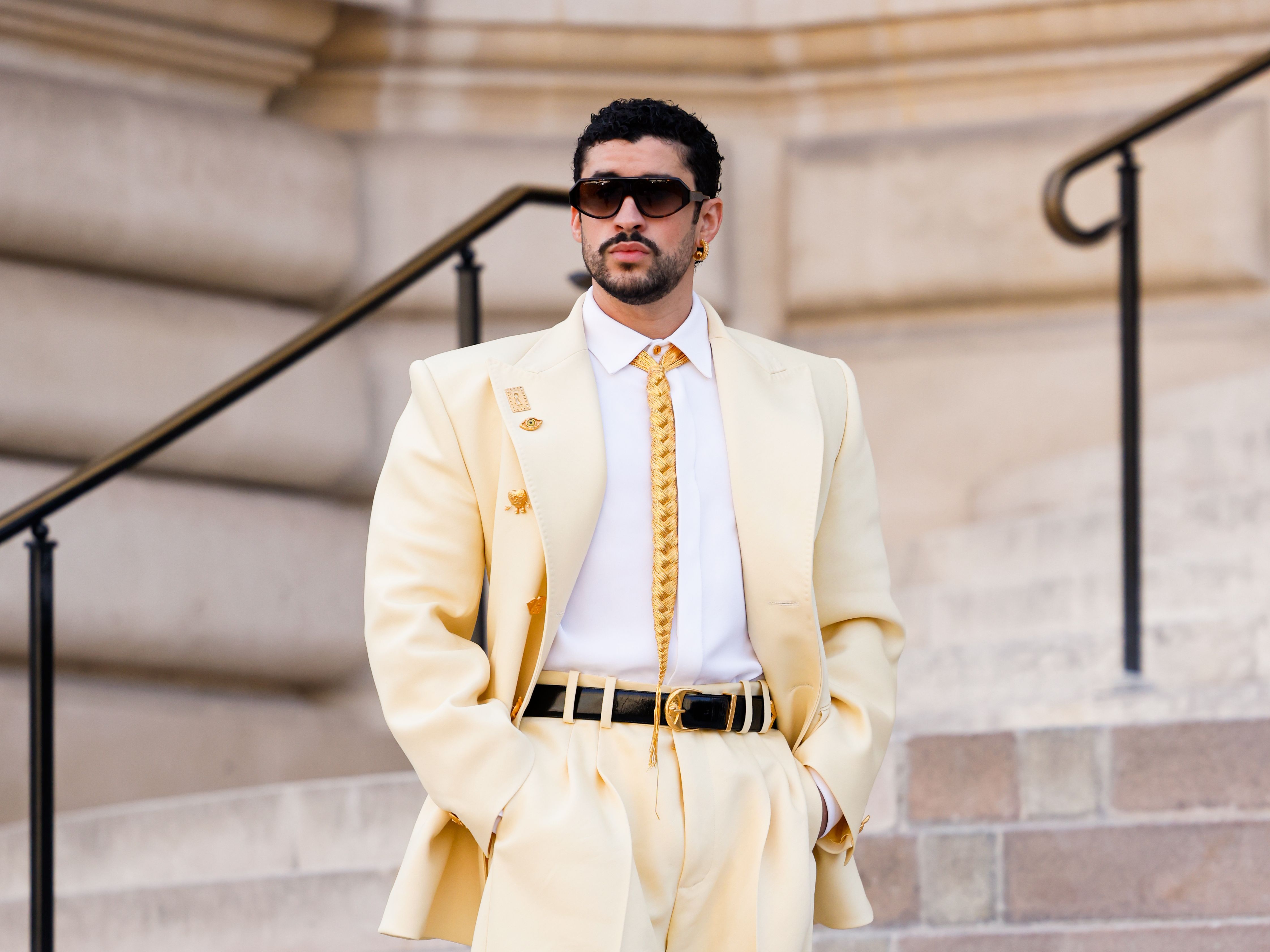 Source-feed image associated with Is There Symbolism Behind Bad Bunny’s Hair-Raising Tie?