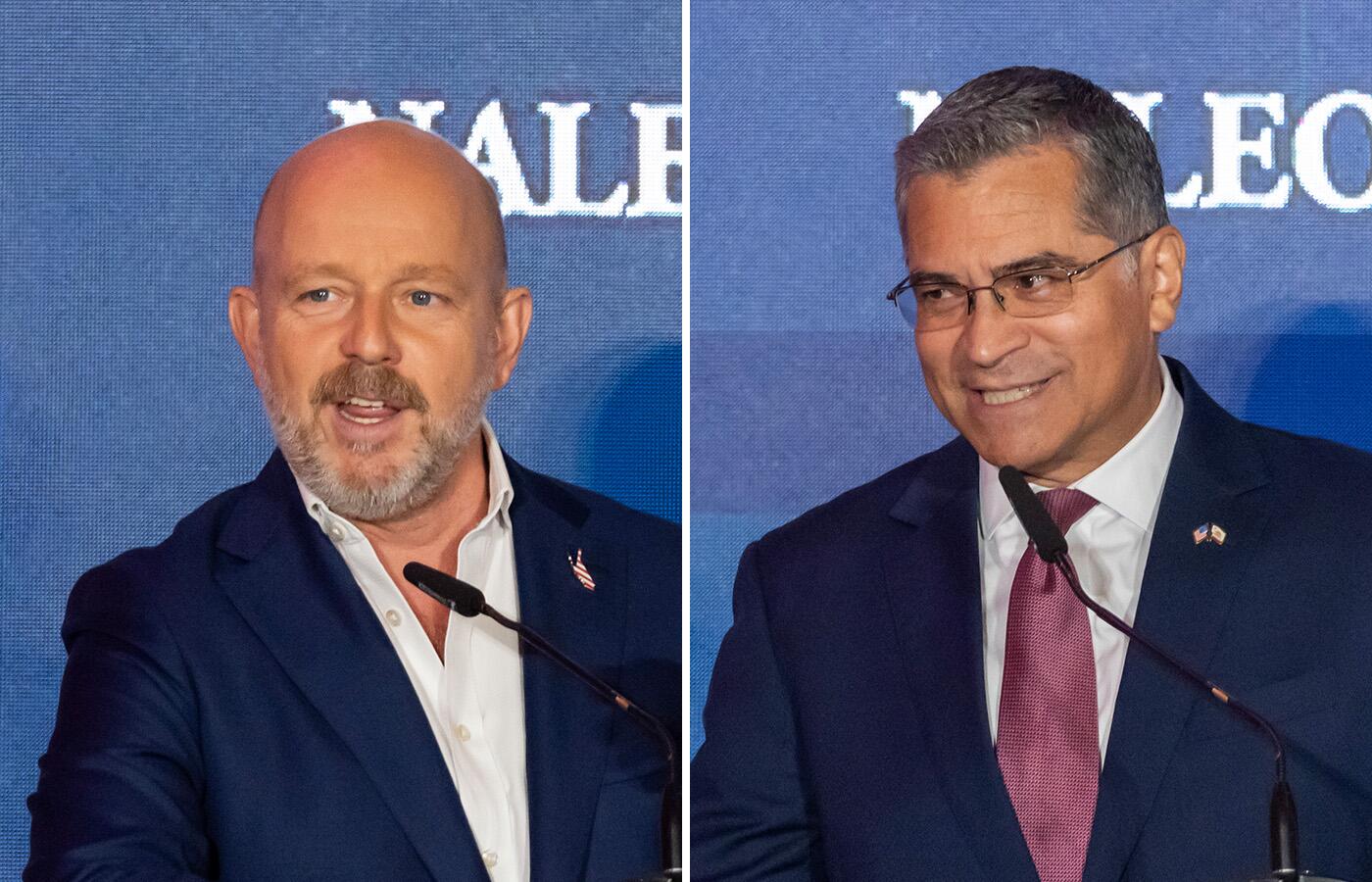 Source-feed image associated with Becerra, Hilton give preview for reshaped California governor's race in dueling L.A. speeches