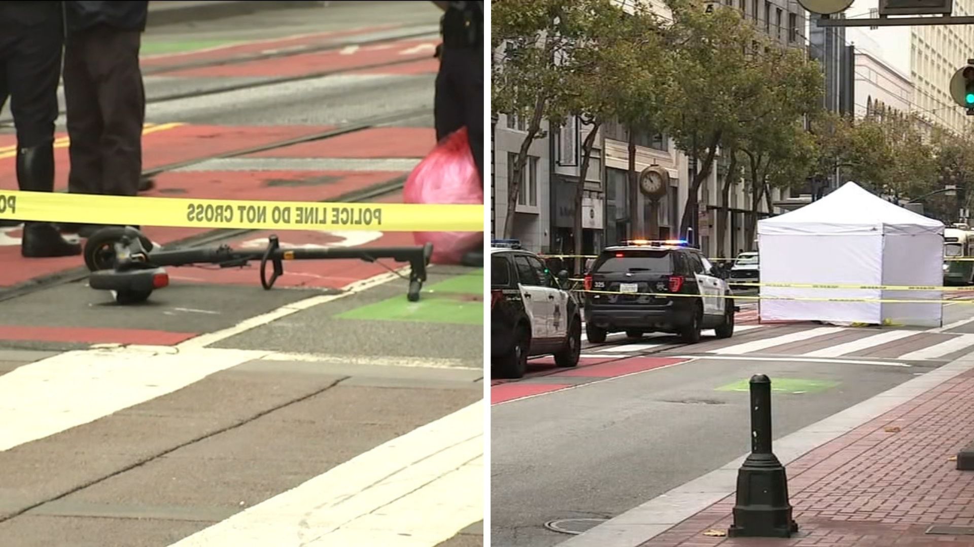 Source-feed image associated with Woman riding scooter killed in SF Market Street collision after wheel caught in train track: witness