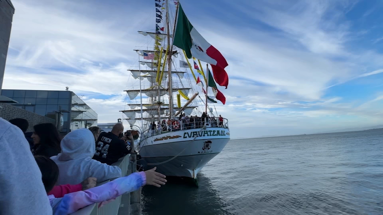 Image from linked report: Thousands of people wait hours to tour iconic Mexican Navy ship ARM Cuauhtémoc in SF