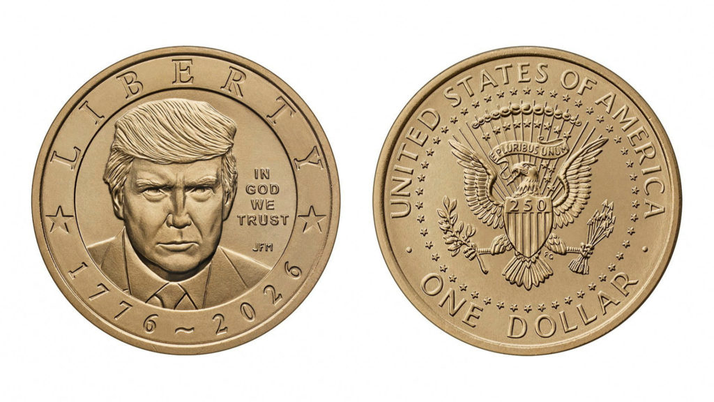 Source-feed image associated with U.S. Mint produces a $1 coin bearing Trump's face to help celebrate America's 250th birthday