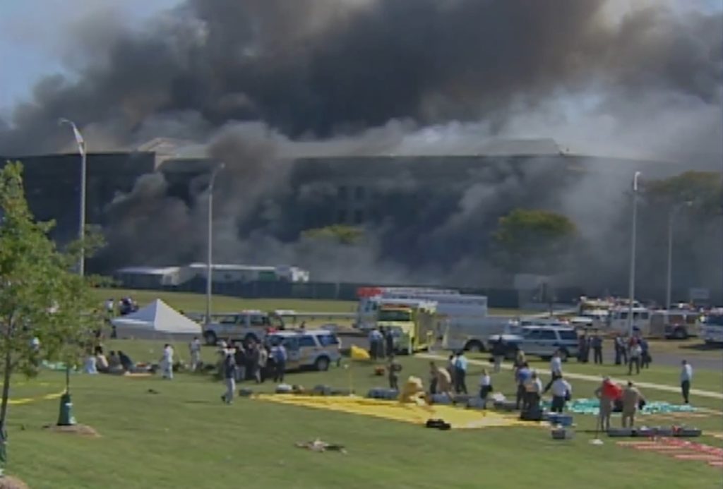 Source-feed image associated with 'Total chaos.' How PBS News crews filmed the Pentagon on 9/11