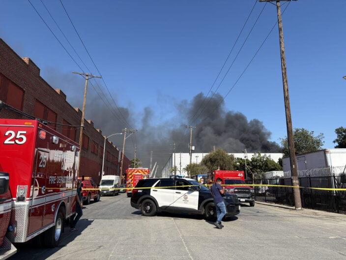 Source-feed image associated with Shelter in place order reinstated as crews ventilate charred Boyle Heights storage building