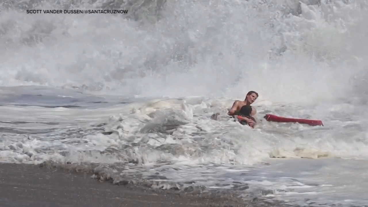 Source-feed image associated with Heart-pounding video shows intense waves as lifeguards rescue swimmer in Santa Cruz County