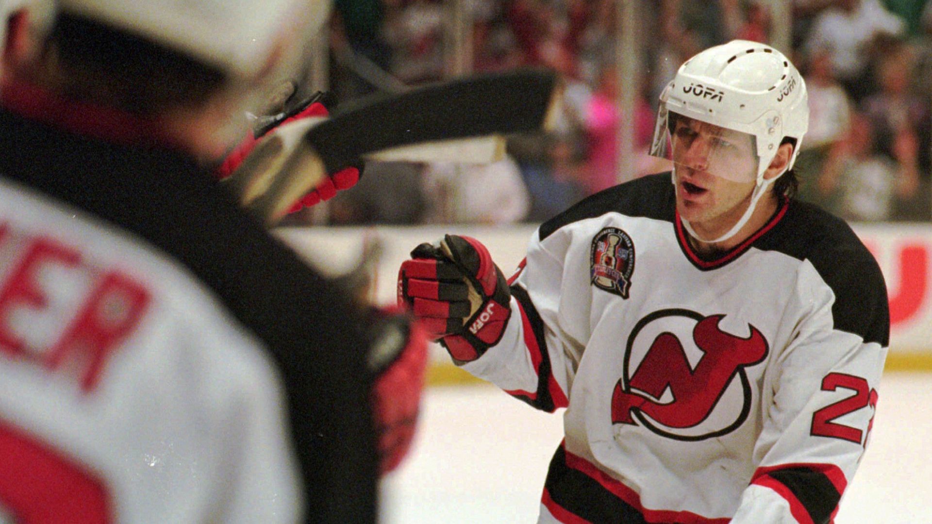 Source-feed image associated with Claude Lemieux, a feisty winger and a four-time Stanley Cup champion, dies at 60