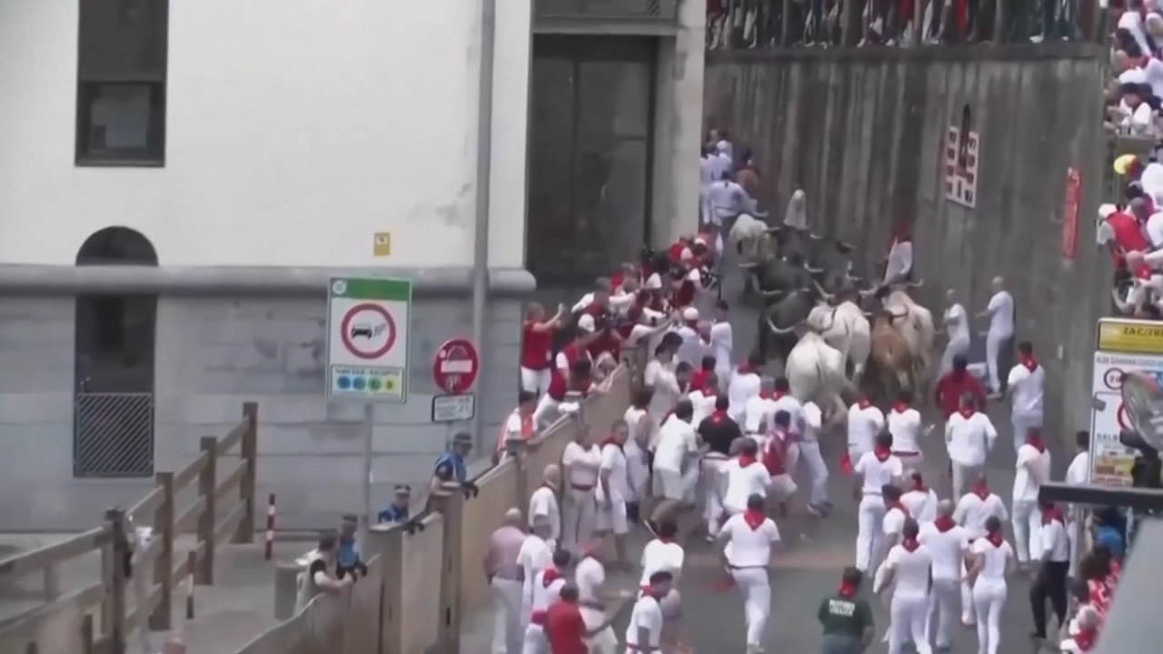 Source-feed image associated with One runner gored in the face at Spain's San Fermin bull run festival