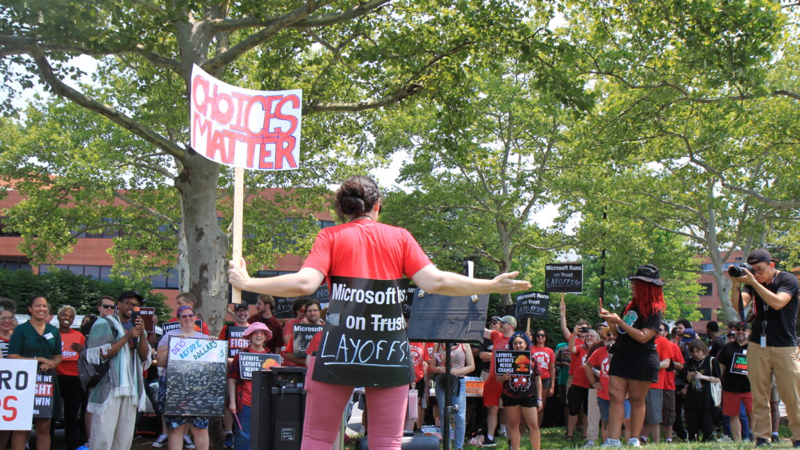 Source-feed image associated with Hundreds rally at Bethesda HQ to protest Xbox layoffs, and Ars was there