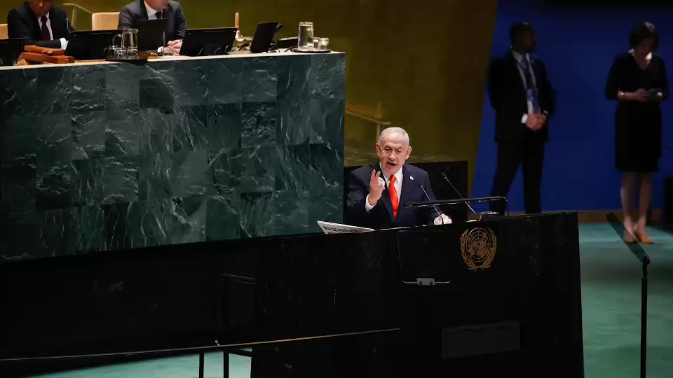 Image from linked report: Israeli Prime Minister Netanyahu addresses U.N. General Assembly amid protests