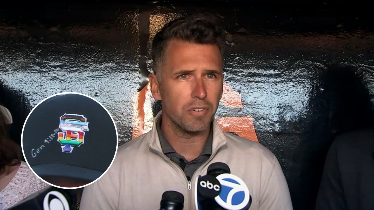 Source-feed image associated with Buster Posey shuns questions about Giants' Pride Night cap controversy