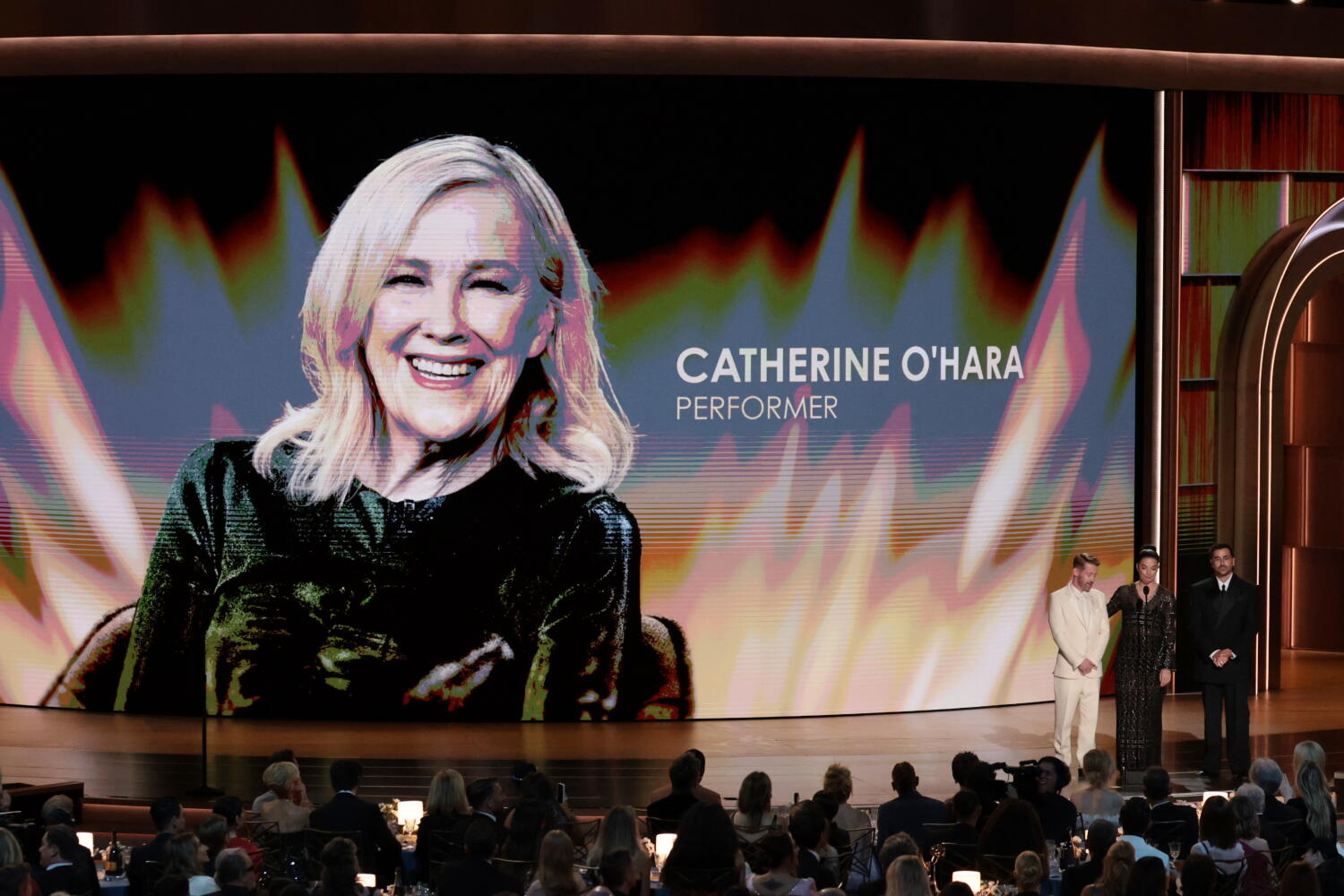 Source-feed image associated with Emmys In Memoriam: Catherine O'Hara honored by her 'kids' as Jamie Lee Curtis remembers Rob Reiner