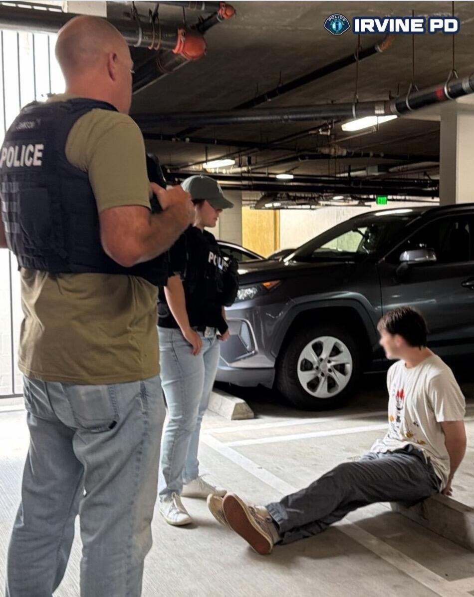 Source-feed image associated with Irvine police nab man accused of spraying 'Nazi' and 'Fascist' on Teslas. A takeout order led to the arrest