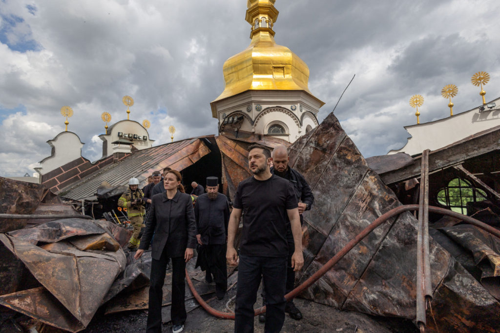 Source-feed image associated with Russia unleashes an overnight barrage on Ukraine, killing 11 people and damaging a religious landmark, officials say