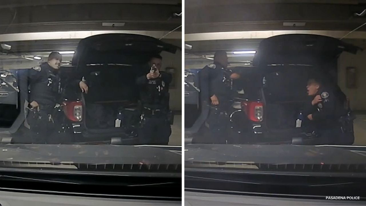 Source-feed image associated with Video shows police officer accidentally shot by fellow cop in 'horseplay' incident in Pasadena, California