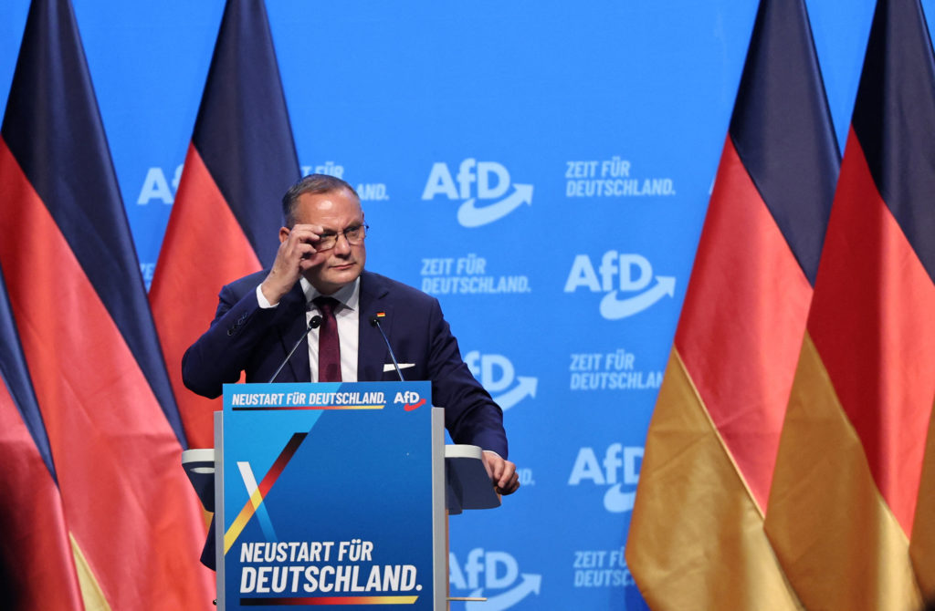 Source-feed image associated with Far-right Alternative for Germany party reelects leaders as protesters and police clash
