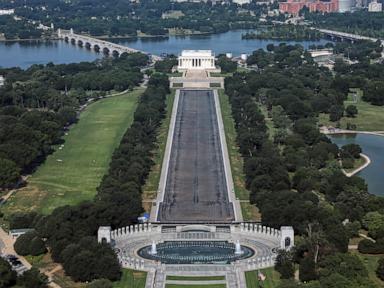 Source-feed image associated with Drained Reflecting Pool reveals Trump's 'American flag blue' liner is now closer to gray
