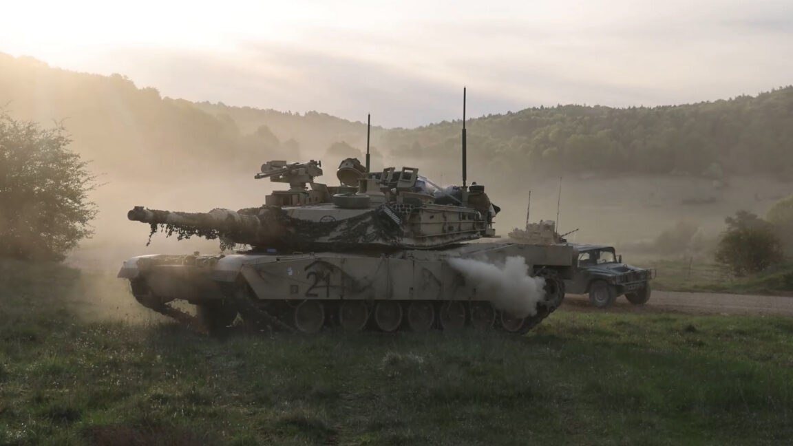 Source-feed image associated with Ukrainian drones wipe out entire US tank brigade in live war game