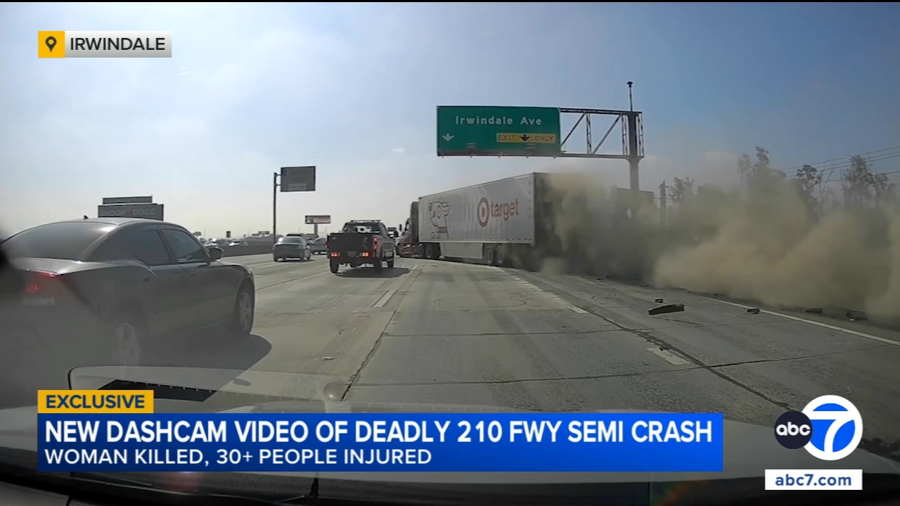 Source-feed image associated with 210 Freeway accident update: Dashcam video shows moments before big rig crash on 210 Freeway that killed 1, injured 32 in Irwindale, California