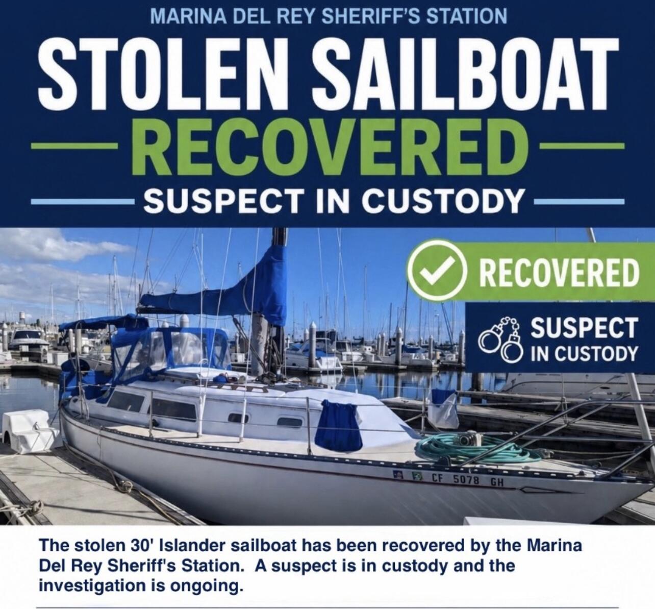 Source-feed image associated with Ahoy! SoCal deputies recover boat stolen from Marina del Rey Sea Scouts