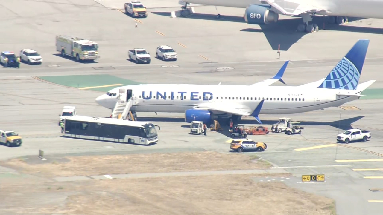 Source-feed image associated with United flight returns to SFO after tire blows out during takeoff, airline says