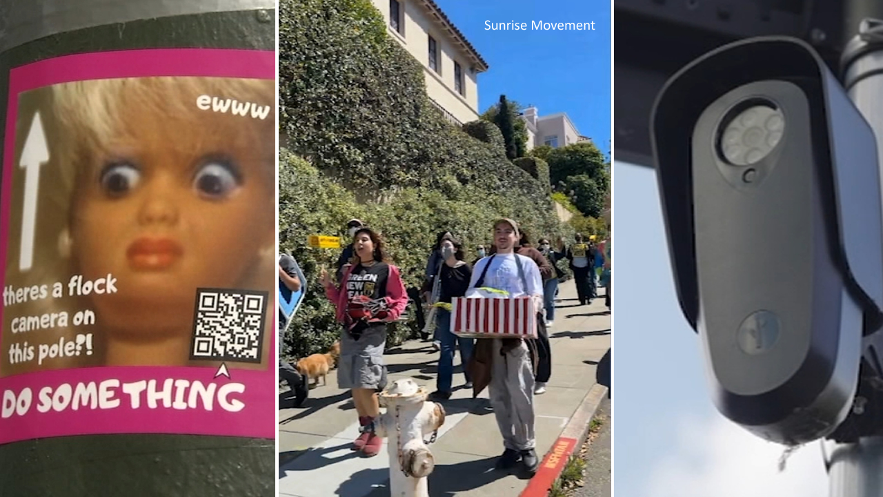 Source-feed image associated with Group protests outside SF cryptocurrency billionaire's home over Flock cameras, surveillance use