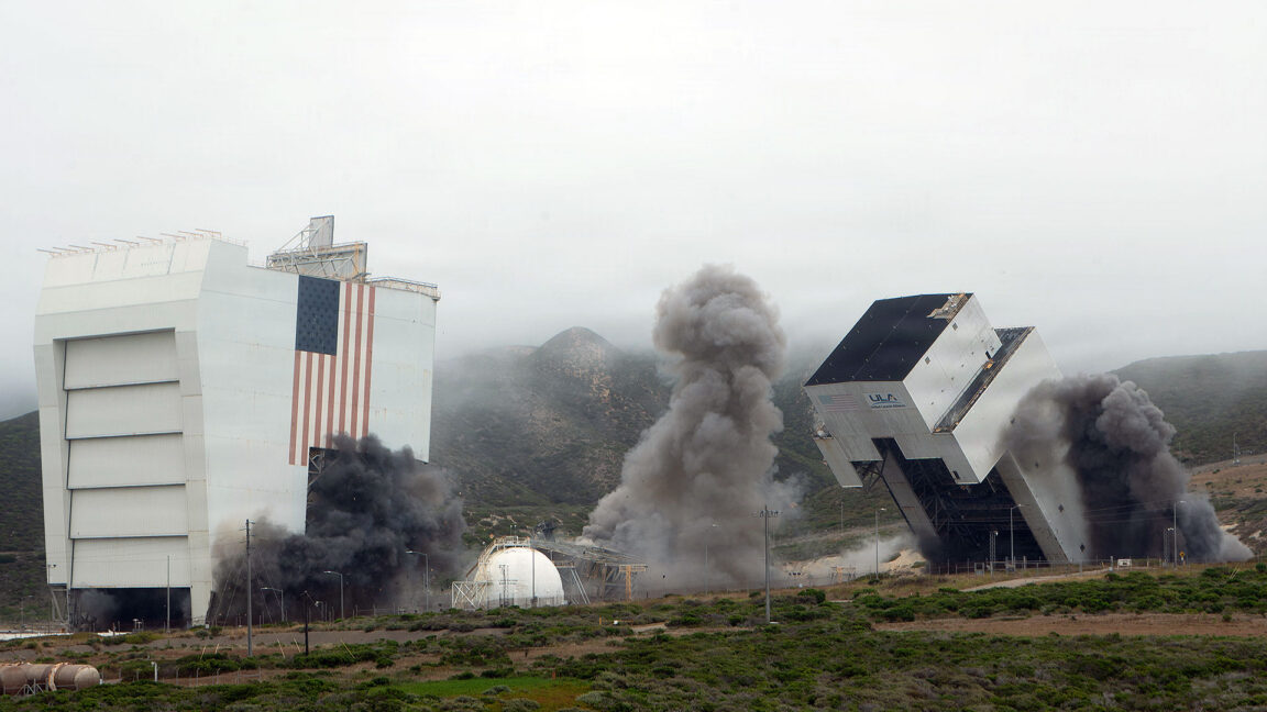 Source-feed image associated with Towers once planned for California shuttle launches leveled for SpaceX rockets