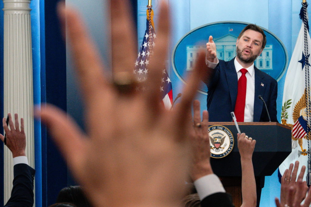 Source-feed image associated with WATCH: Vance holds White House briefing after Leavitt's departure