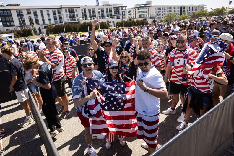 Source-feed image associated with US soccer fans takeover SoFi Stadium as USA vs. Paraguay kicks off the World Cup in LA